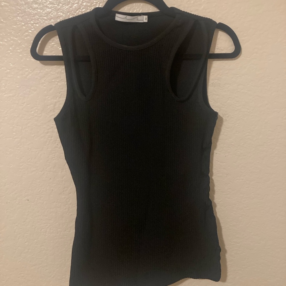 Elegant Black Ribbed Tank Top with cut out design